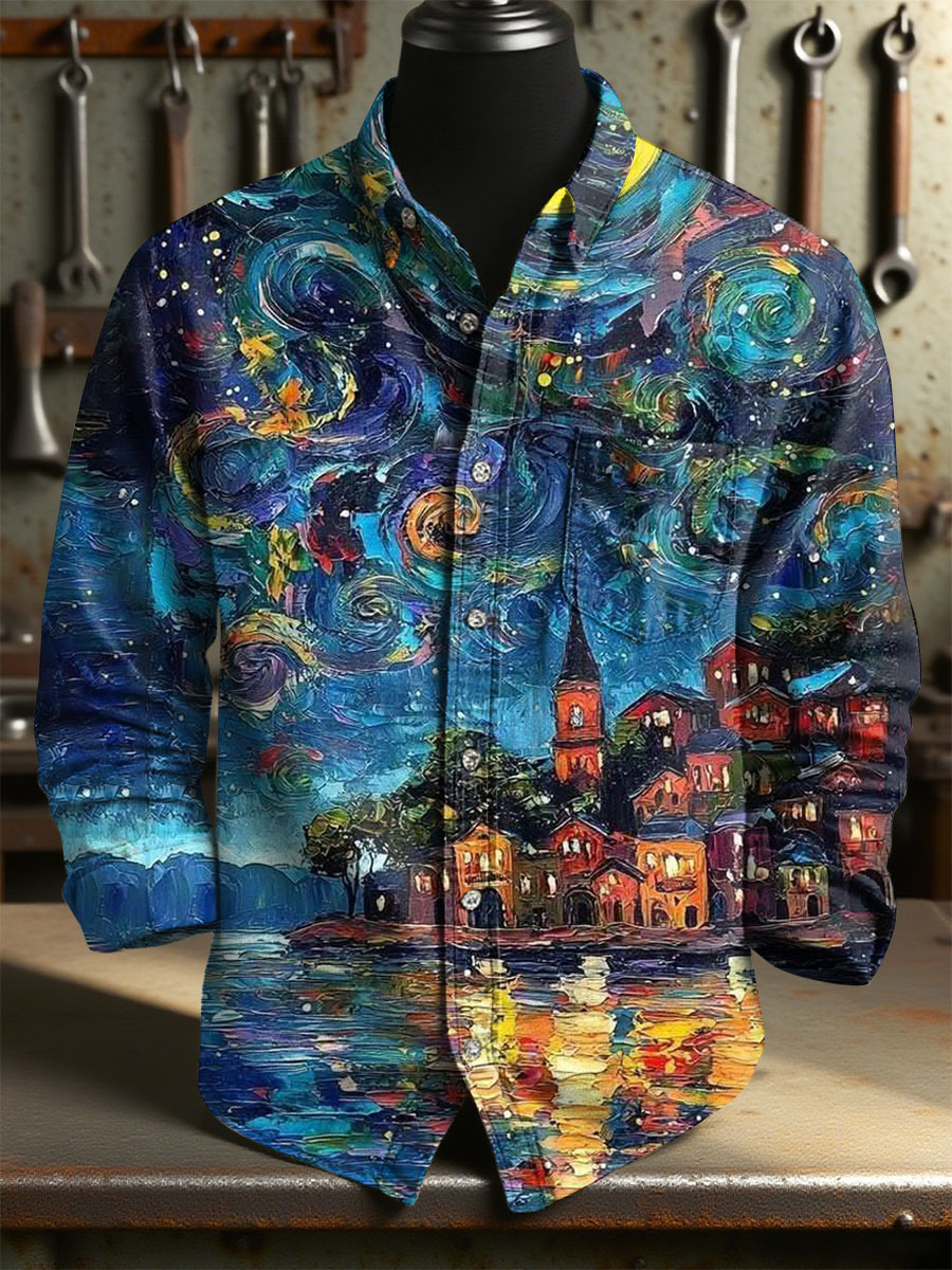 Vintage Multicolor Art Print 100% Cotton Long Sleeve Shirt