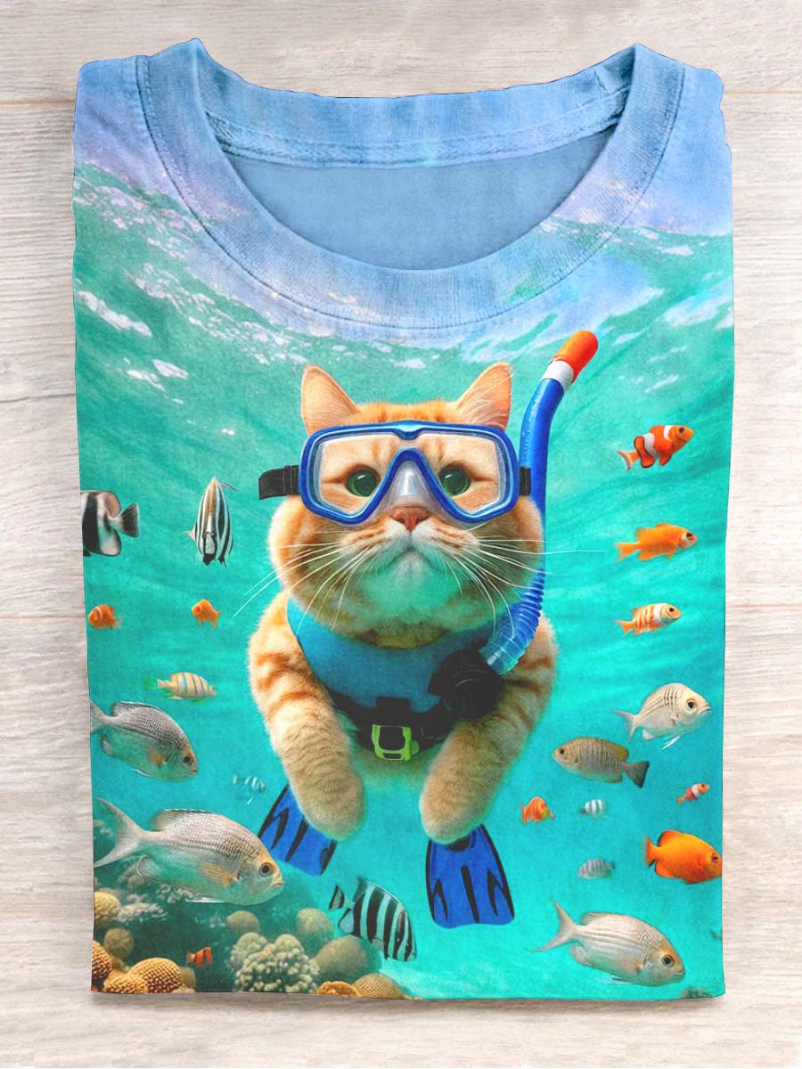 Unisex Cute Diving Cat Printed Short Sleeve T-Shirt