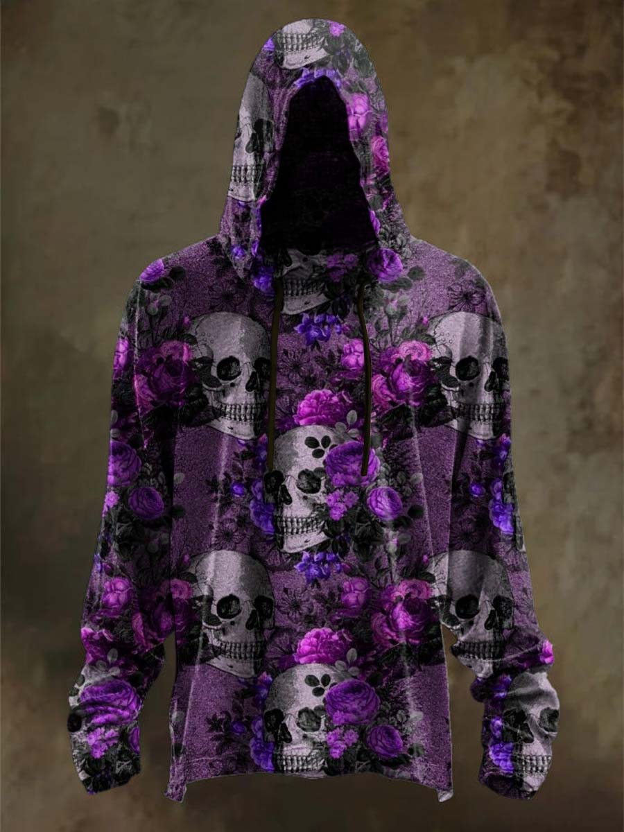 Halloween Skull Rose Print Casual Hooded Sweatshirt