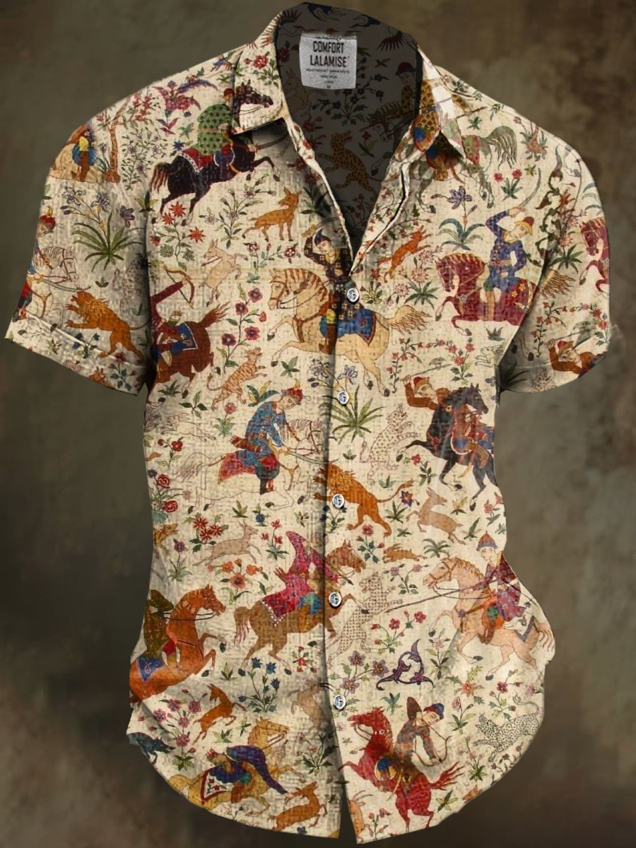 Retro horseback archery Art Print Casual Cotton And Linen Shirt