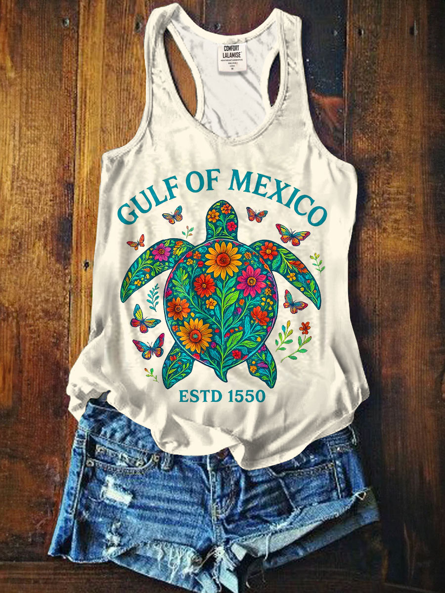 Gulf Of Mexico Est 1550 Floral Turtle Boho Art Print Casaul Tank Top