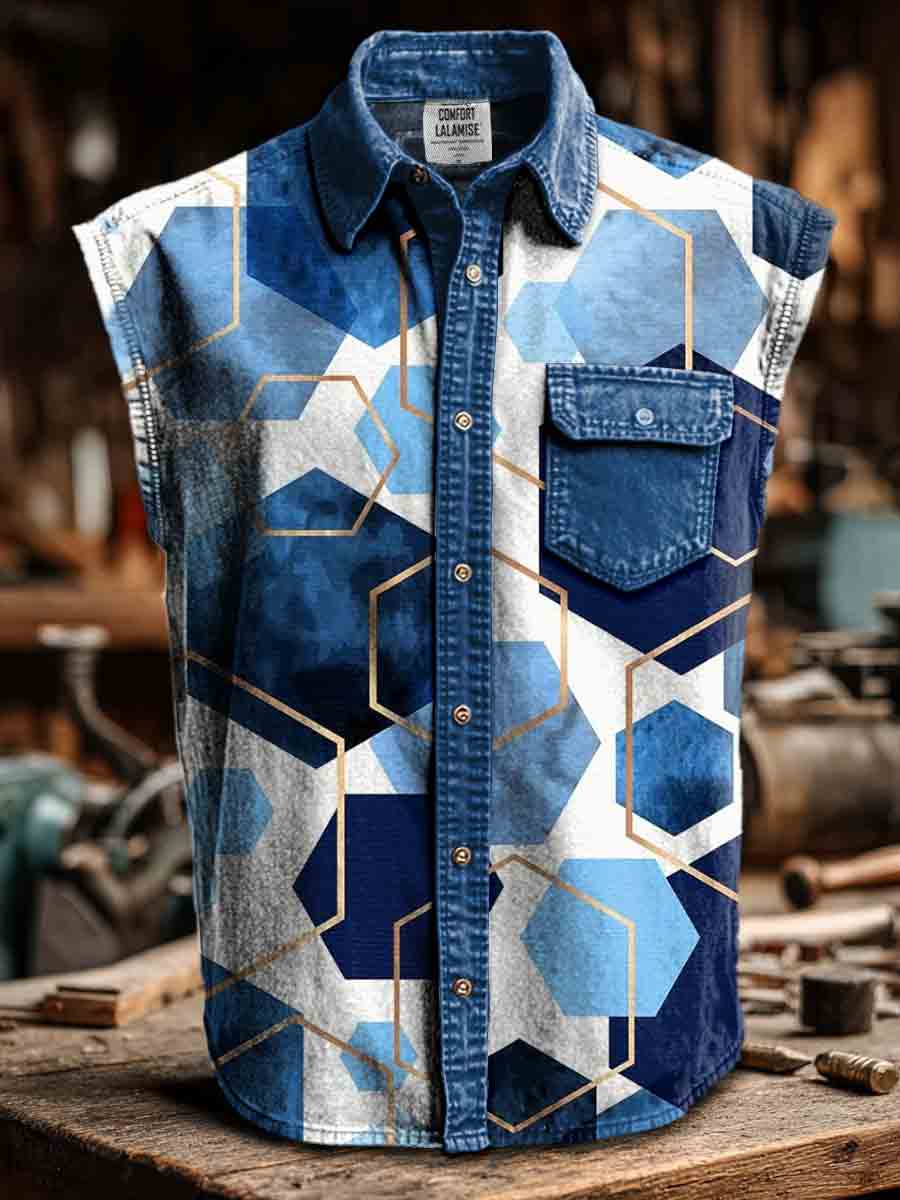 Geometric abstract Print Casual 100% Cotton Sleeveless Lapel Shirt