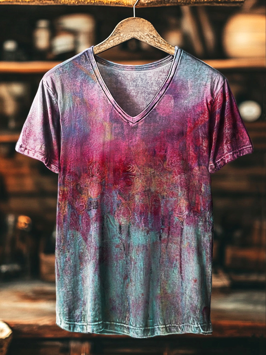 Unisex Vintage Abstract Rose Swoosh Art Print Casual V-Neck T-Shirt