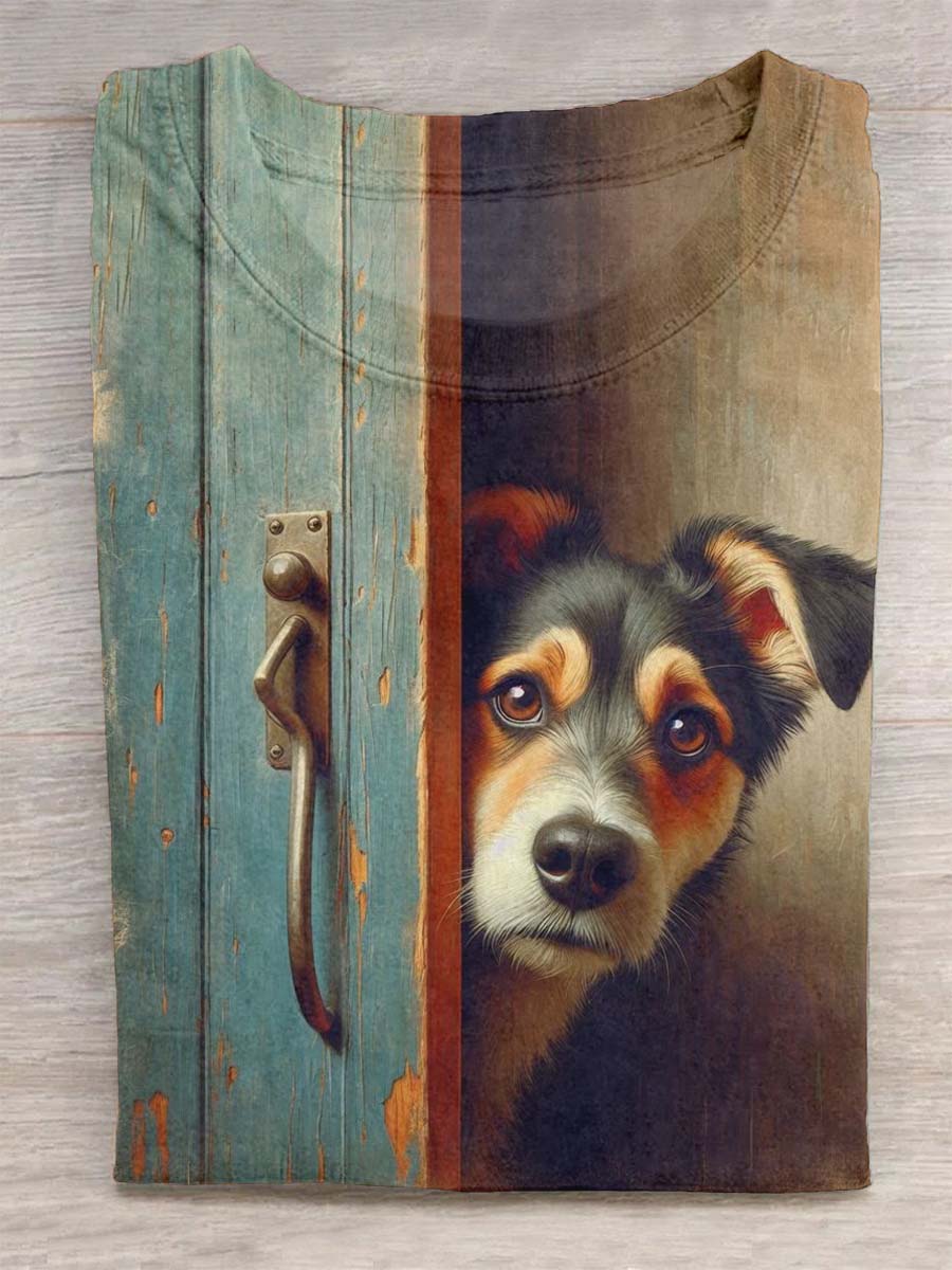 A Timid Dog Poked His Head Out From Behind The Door Print Design T-shirt