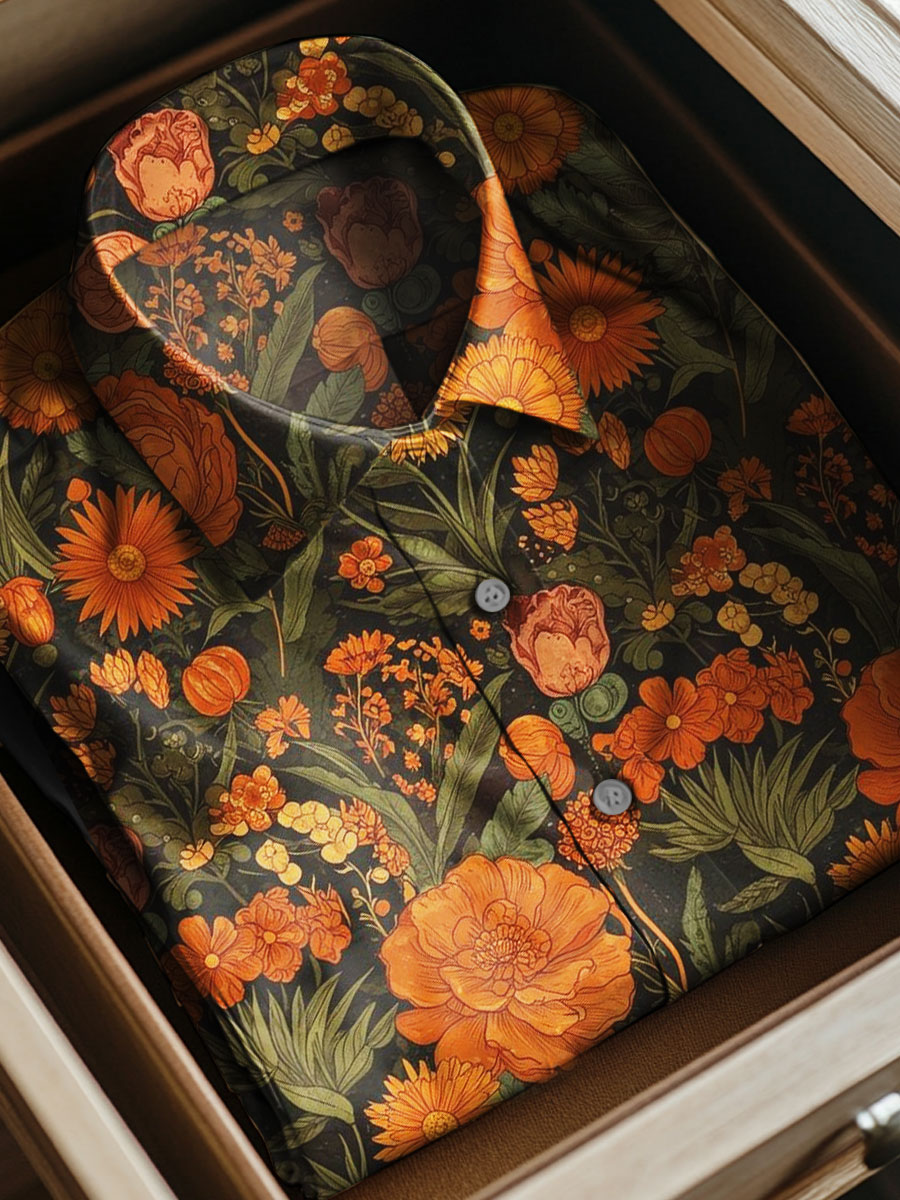 Vintage Flower Print Casual 100% Cotton Short Sleeves Shirt