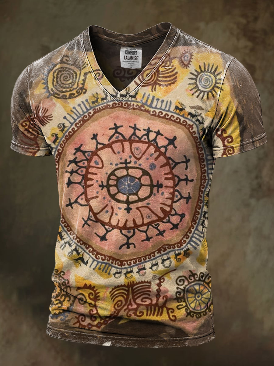 Vintage Art Print Casaul Short Sleeve V-neck T-shirt