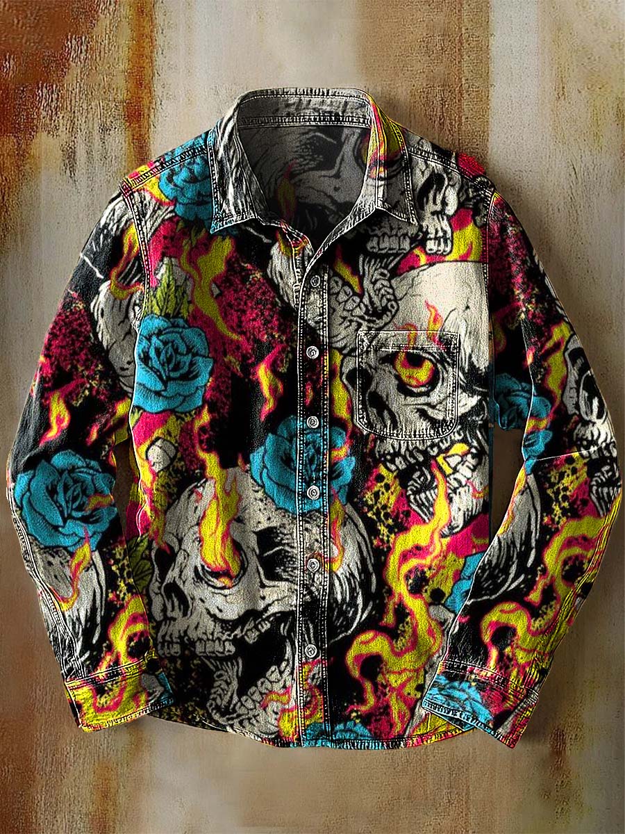 Retro Flame Rose Skull Print 100% Cotton Casual Long Sleeved Denim Shirt