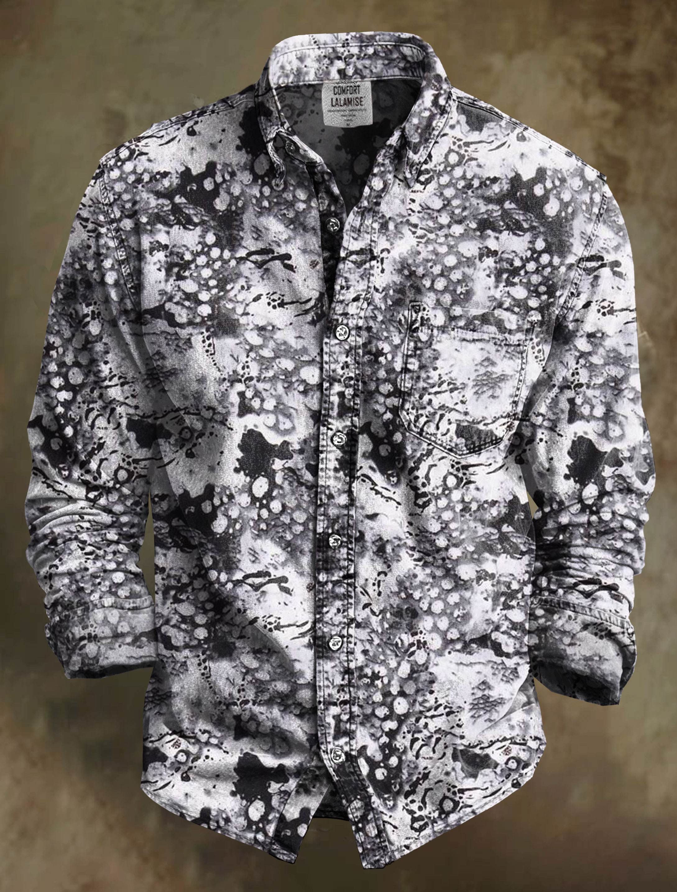 Monochrome Abstract Blender Patches Stains Art Print 100% Cotton Long Sleeve Shirt