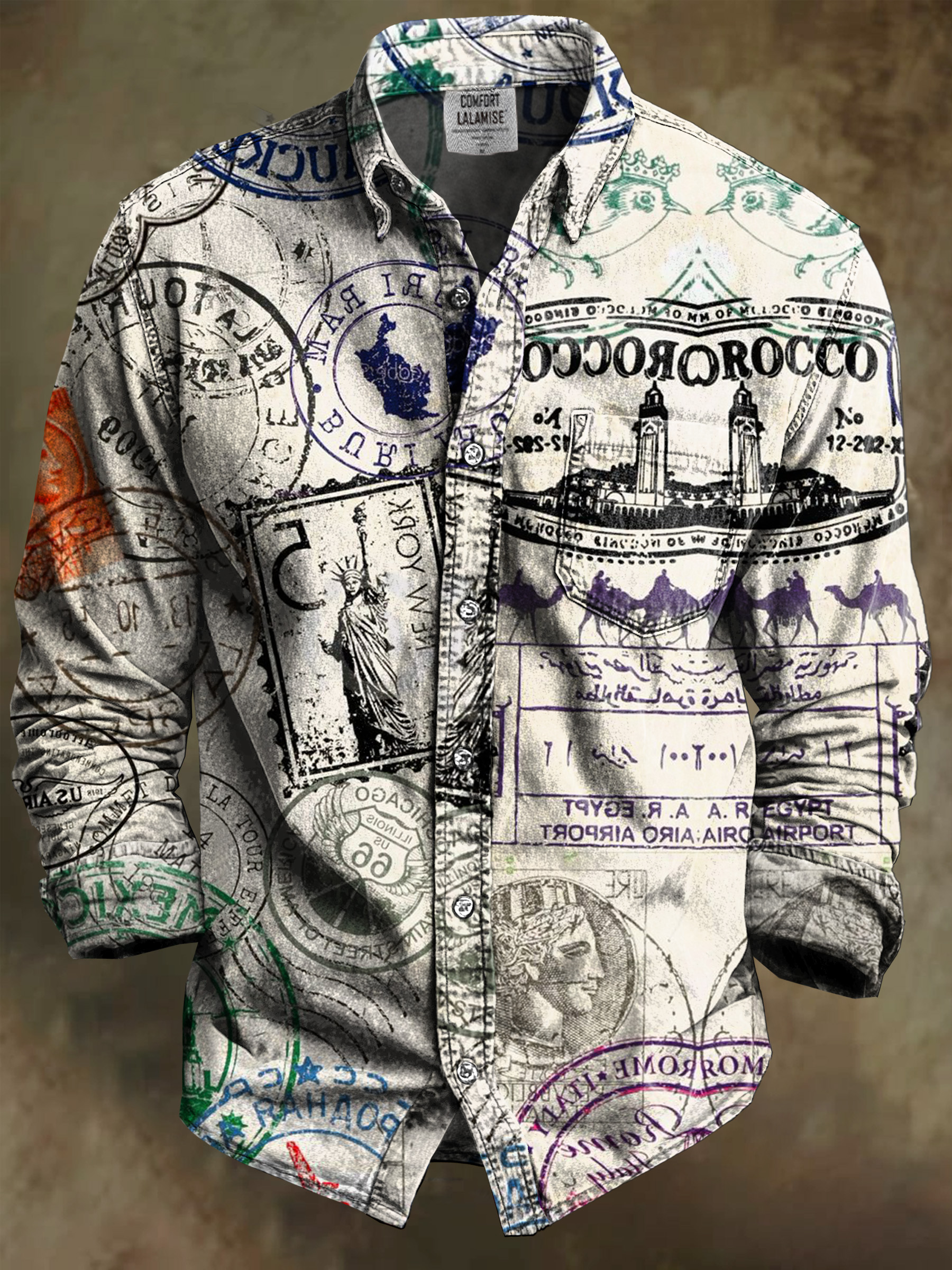 Inspo Stamps Print 100% Cotton Long Sleeve Shirt