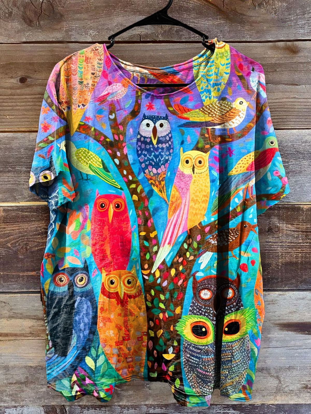 Multicolor Owl Art Print Casaul Short Sleeve T-shirt