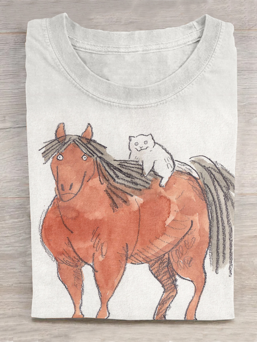 Funny Horse Cat Art Print Printed T-shirt
