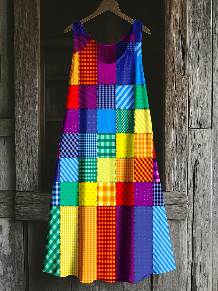 Rainbow Dot Line Surface Square Art Print Casual Vest Dress