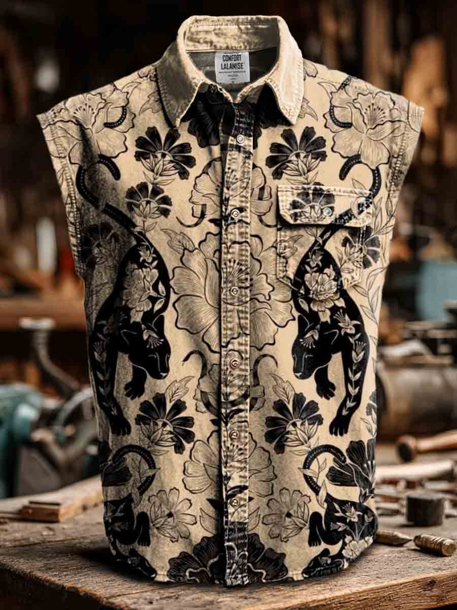 Vintage Print Casual 100% Cotton Sleeveless Lapel Shirt