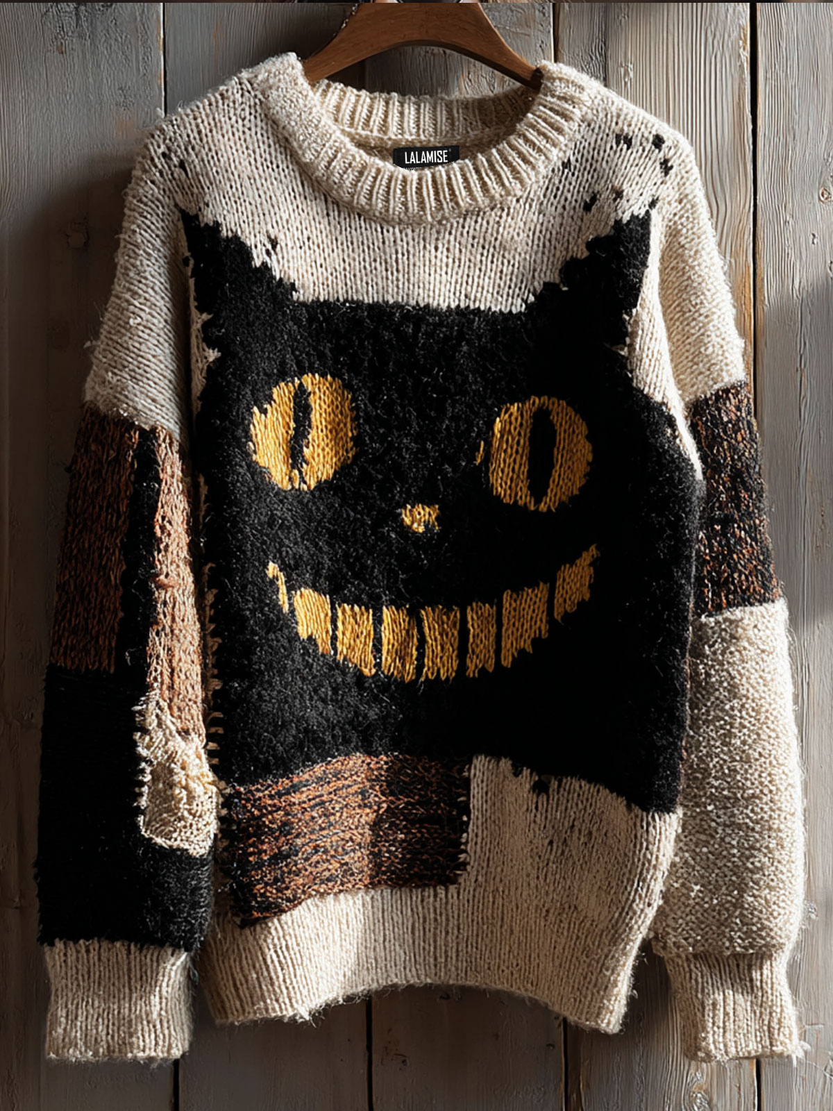 Black Cat Patchwork Art Print Knit Pullover Sweater