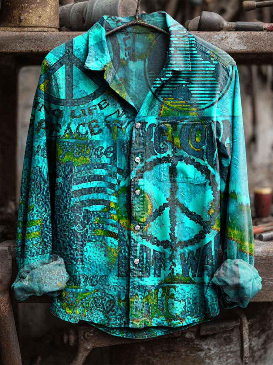 Vintage Peace Hippie Art Print 100% Cotton Long Sleeve Shirt