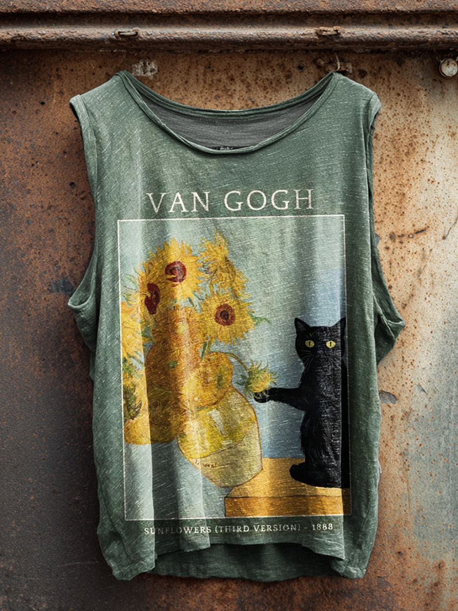 Vintage Van Gogh Cat Print 100% Cotton Casual Tank Top