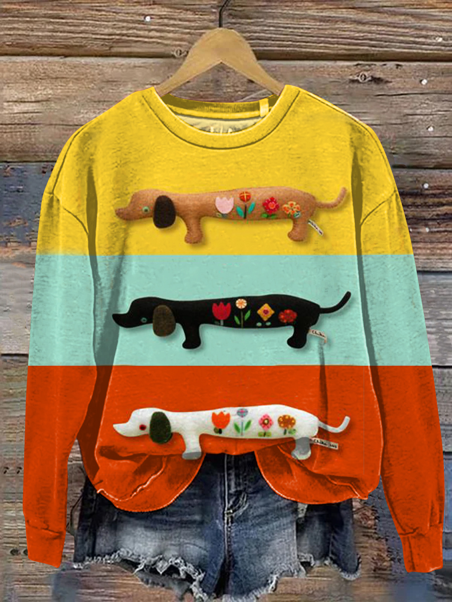 Cute Colorful Felt Dachshund Art Print Casual Sweatshirt