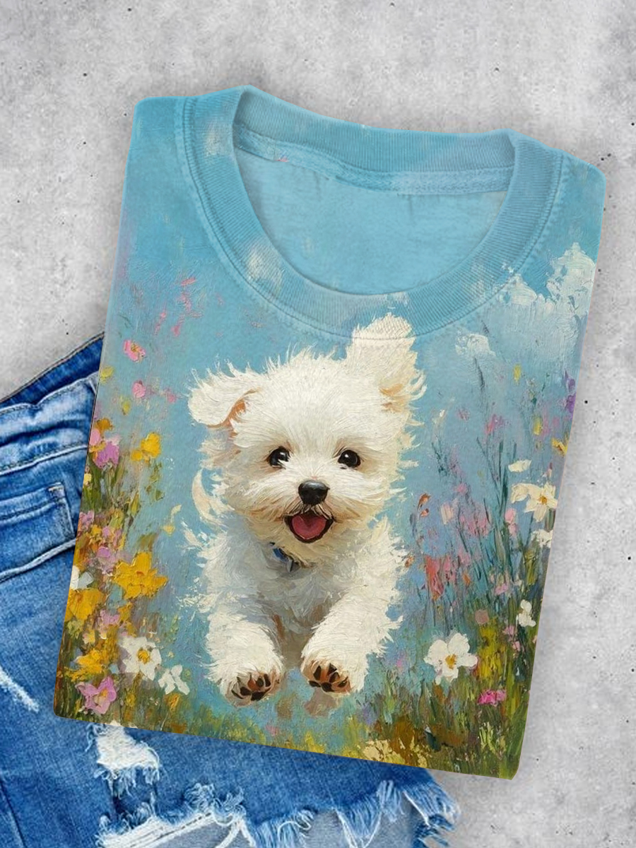 Women's Cute Dog Art Illustration Printed Casual Short Sleeve T-Shirt