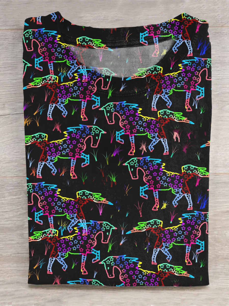 Rainbow Horse Art Print Casual Short Sleeve T-Shirt