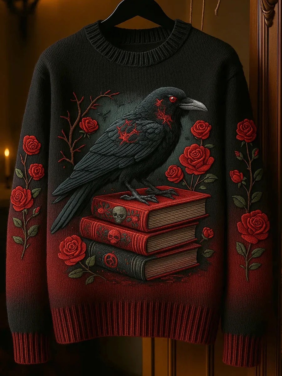 Crow Rose Scarlet Halloween Art Print Knit Pullover Sweater