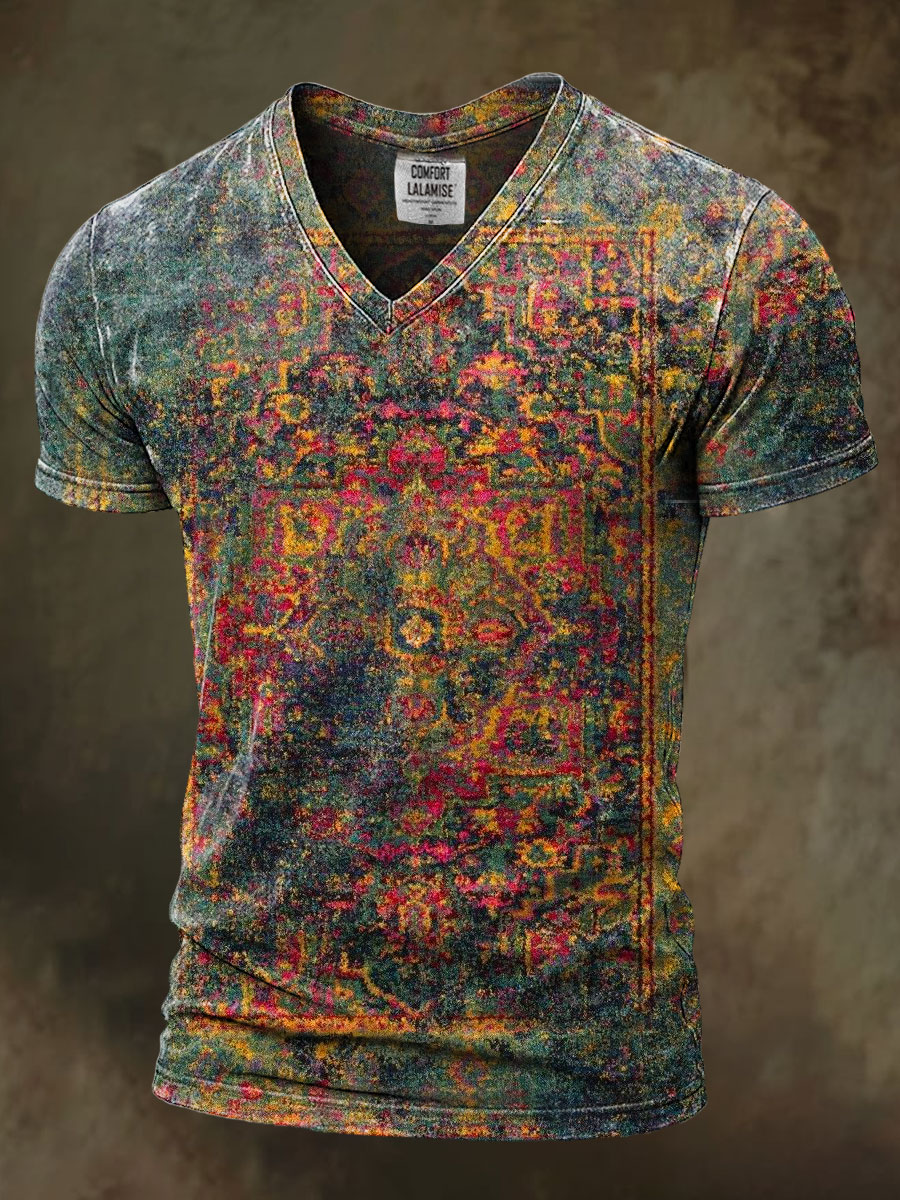 Retro Ethnic Art Print Casaul Short Sleeve V-neck T-shirt