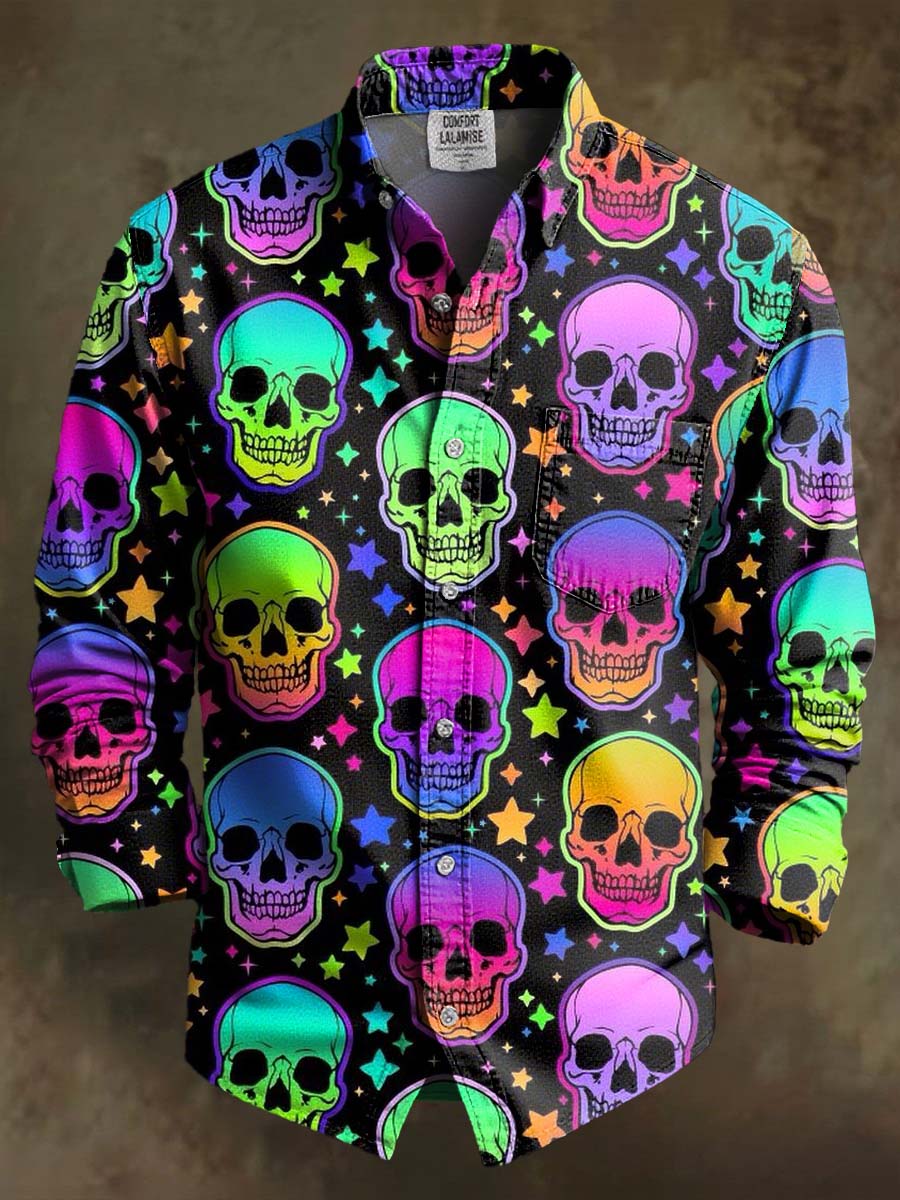 Colorful Gradient Skull Stars Art Print 100% Cotton Long Sleeve Shirt