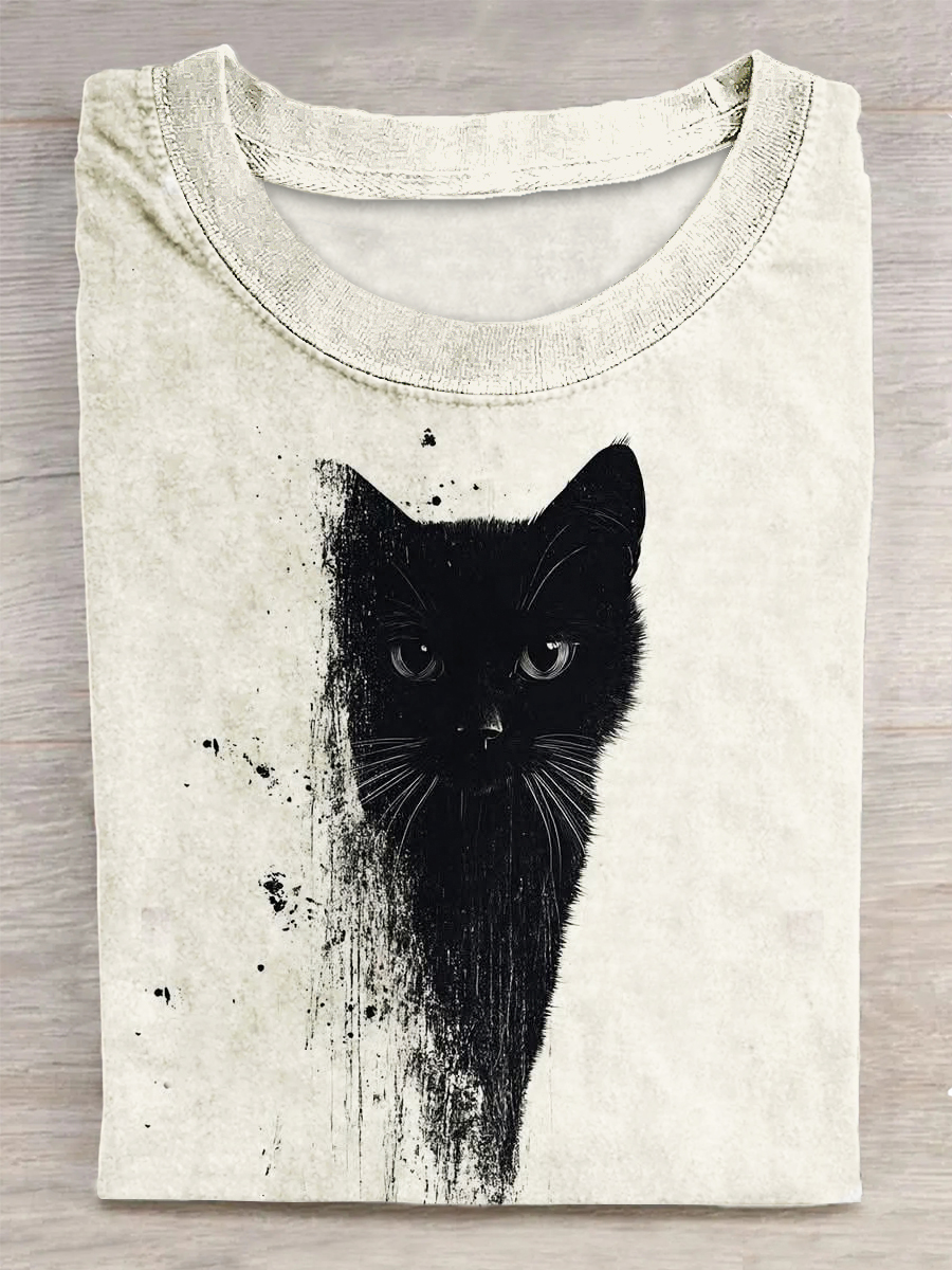 Unisex Cat Printed Vintage Fashion Loose Short Sleeve T-Shirt