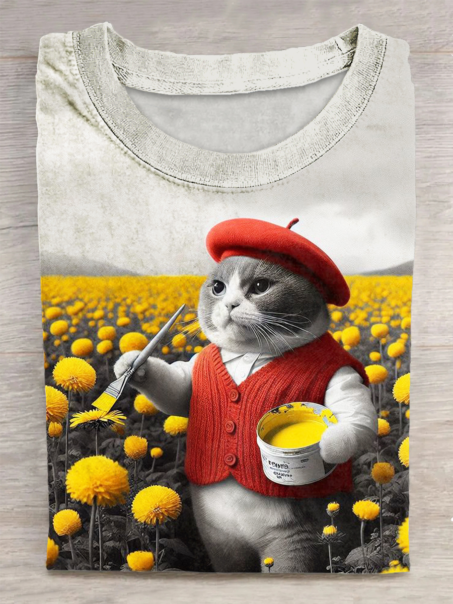 Unisex Cat Printed Vintage Fashion Loose Short Sleeve T-Shirt