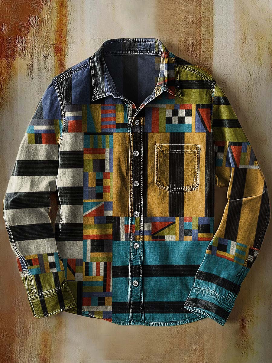 Retro Colorful Stripes Geometric Patchwork Print 100% Cotton Casual Long Sleeved Denim Shirt
