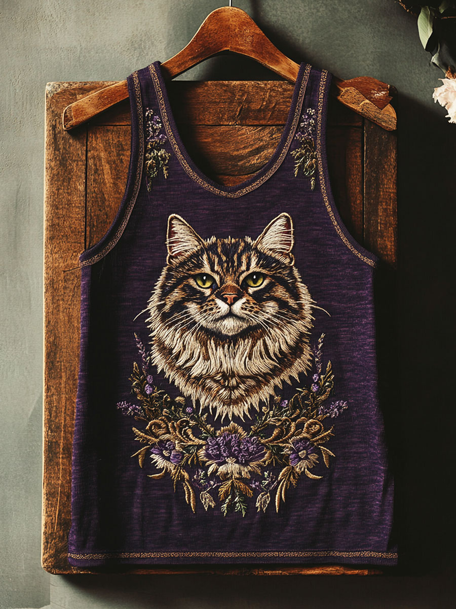 Vintage Floral Cat Print Tank Top