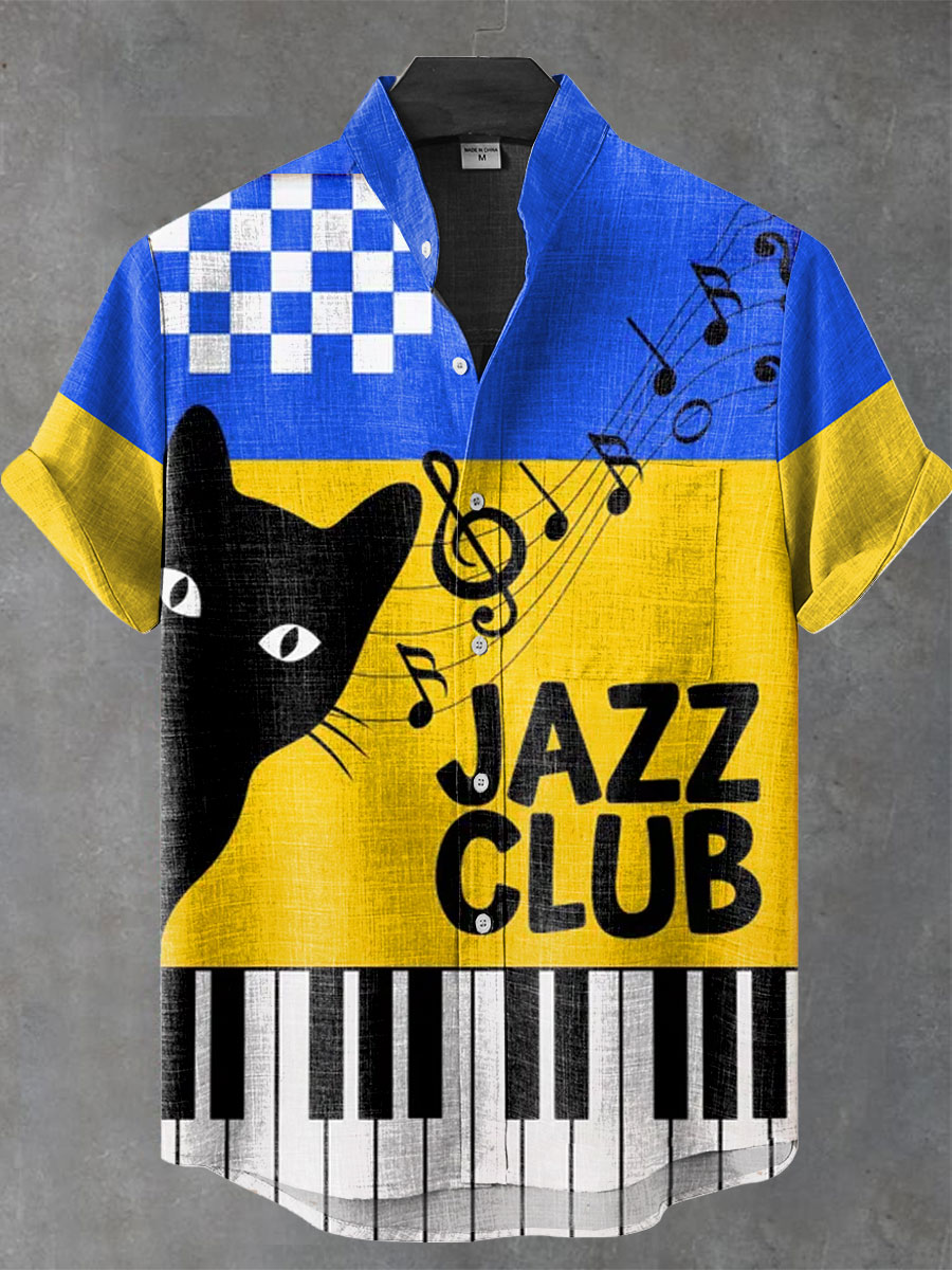 Vintage Jazz Club Music Print Casual 100% Cotton Shirt
