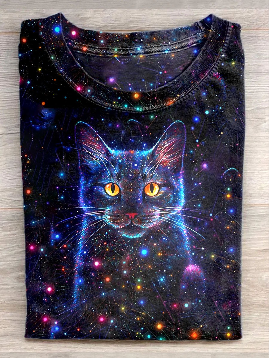 Fantasy Starry Sky Cat Art Print Casaul Short Sleeve T-shirt