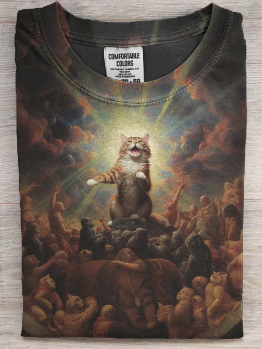 Cat Victory Meow Print Casual Short Sleeve T-Shirt