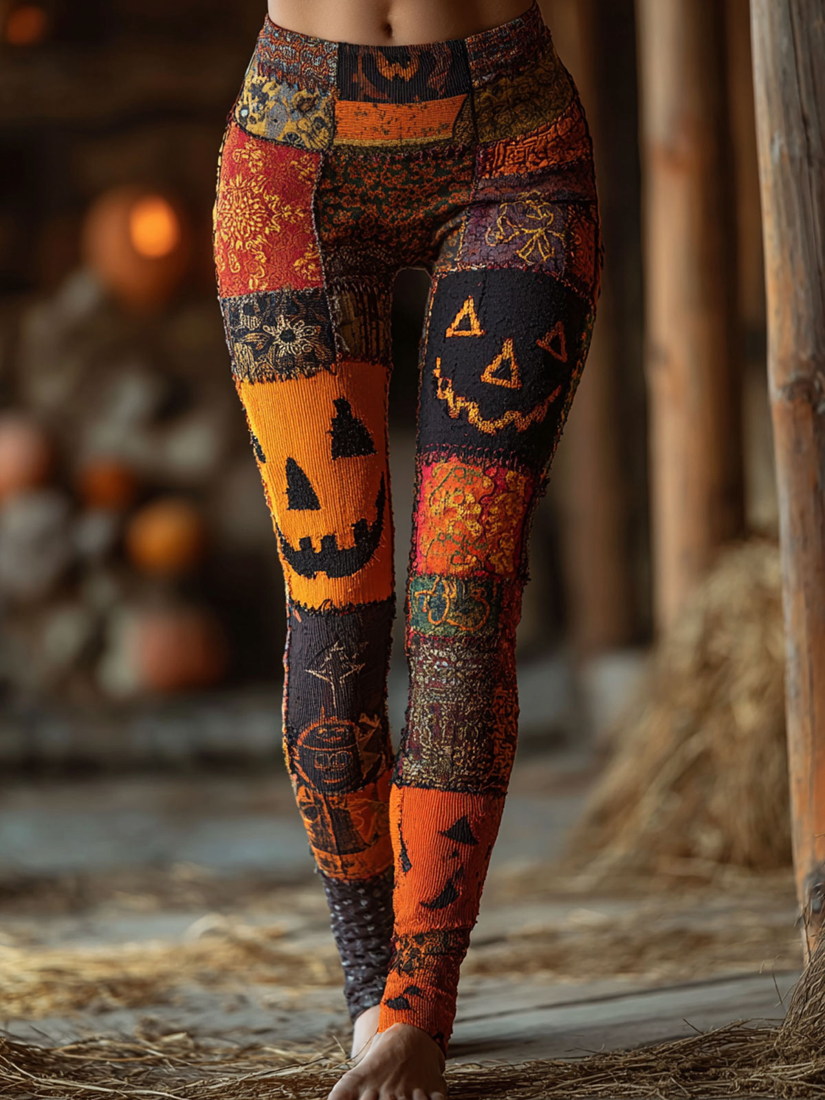 Halloween Patchwork Knit Art Print Casual Spirit Stretch Leggings