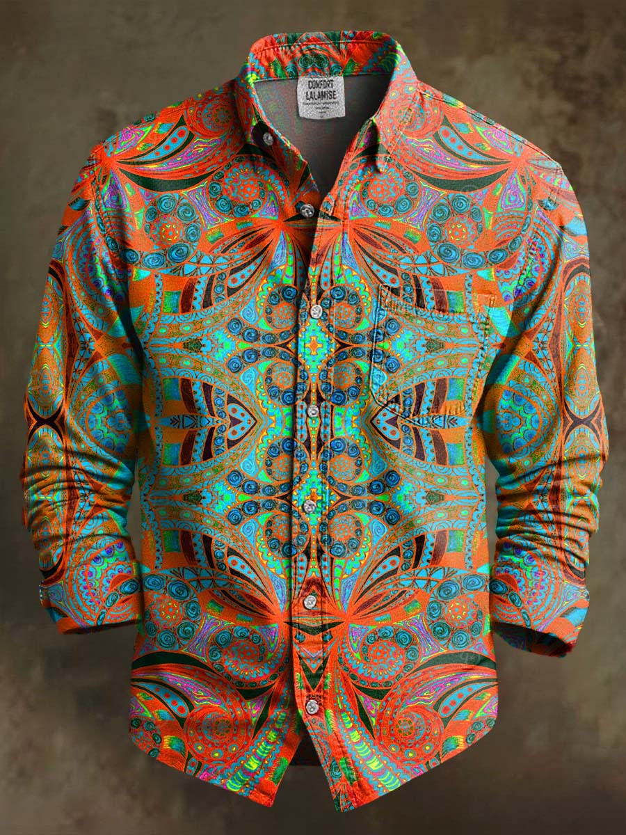 Vintage Symmetrical Mandala Pattern Print 100% Cotton Long Sleeve Shirt
