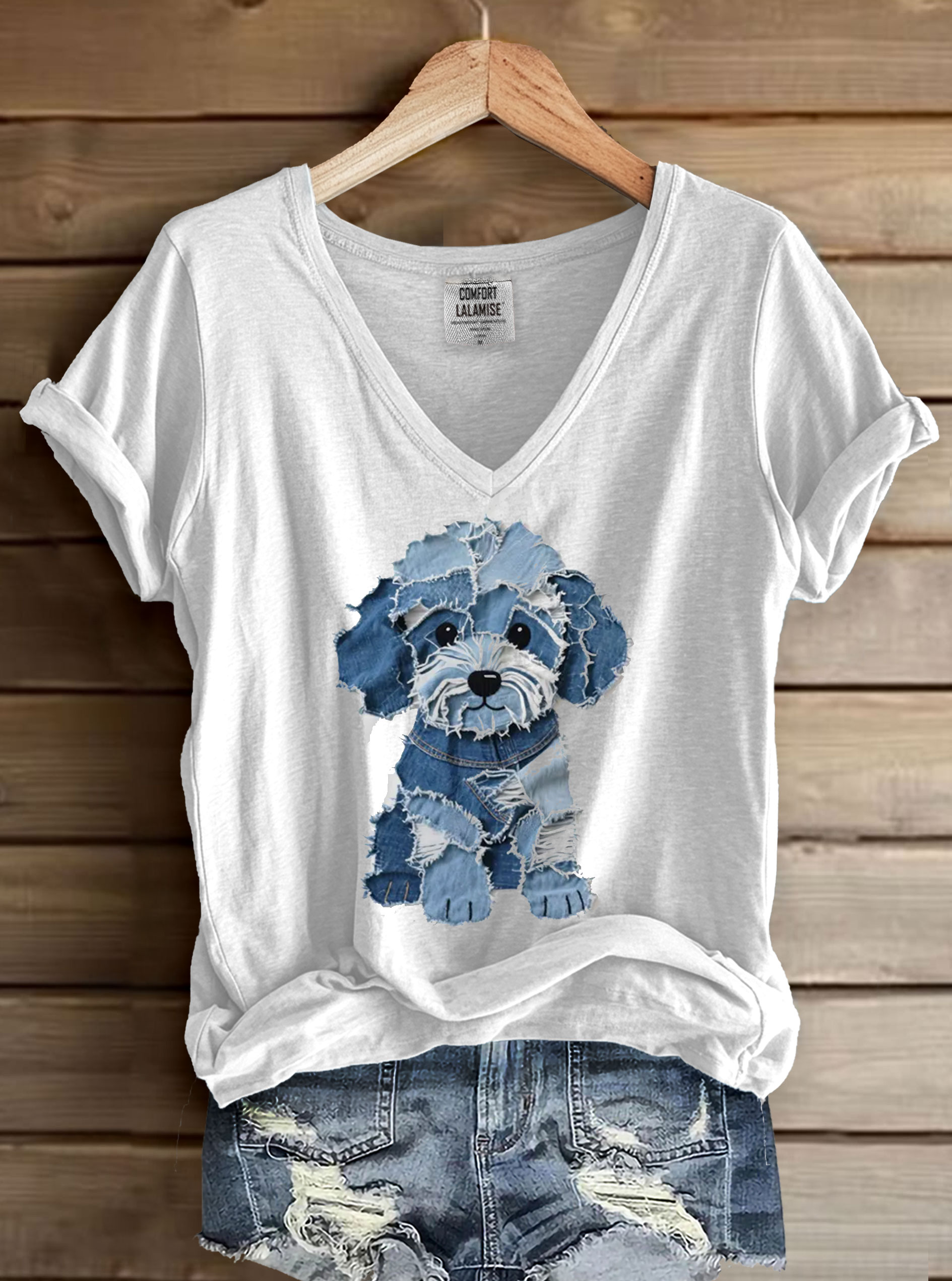 Cute Dog Denim Patchwork Art Print V-neck Casual T-Shirt