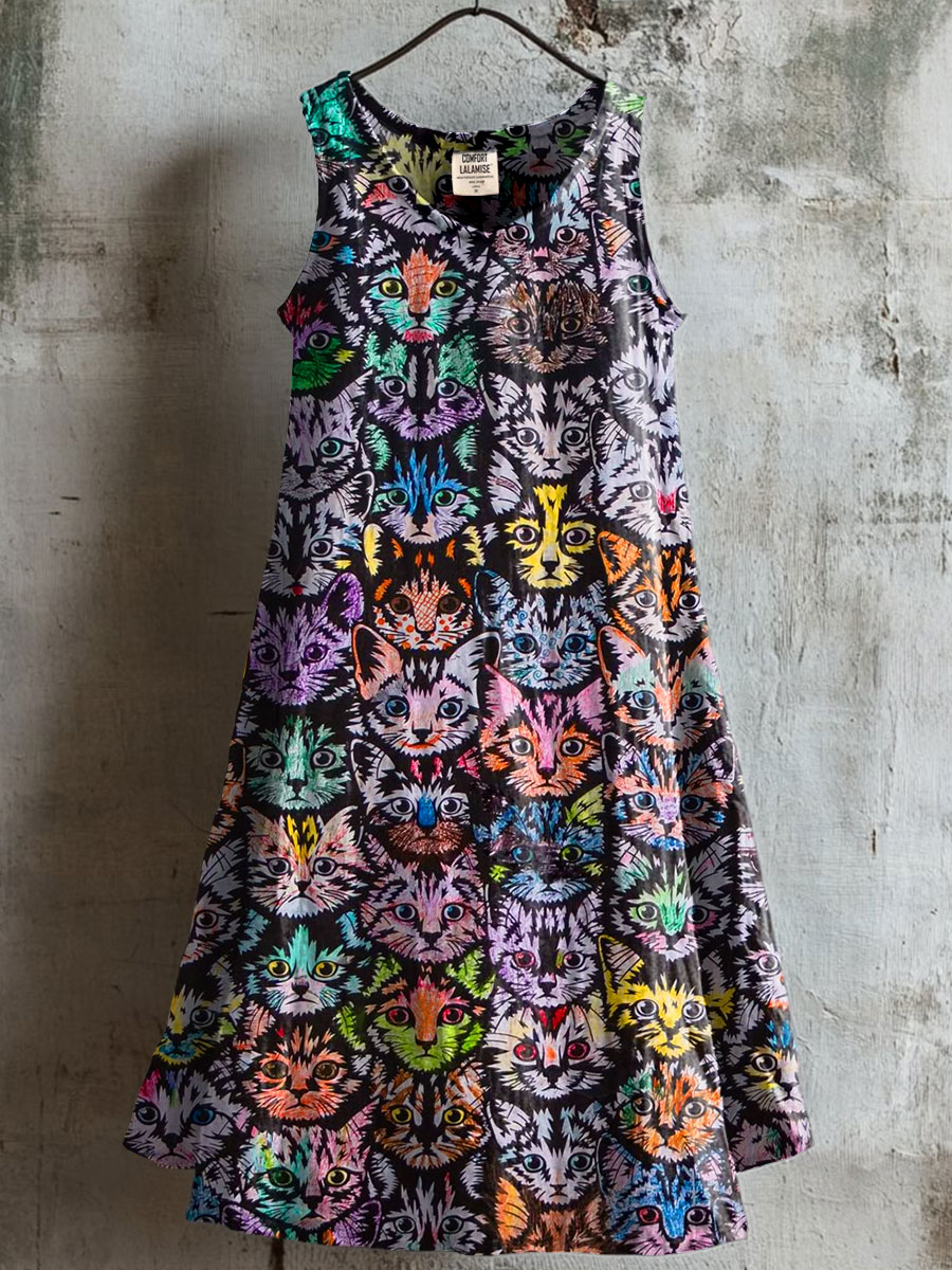 Women's Vintage Cat Face Art Print V-neck Pocket Cotton Dress