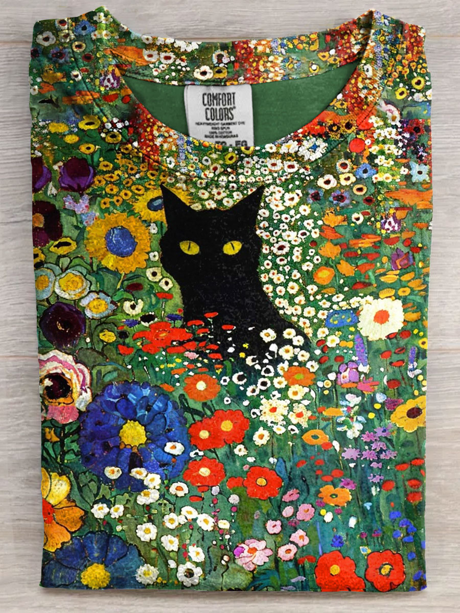 Cat In Floral Garden Art Print Casaul Short Sleeve T-shirt
