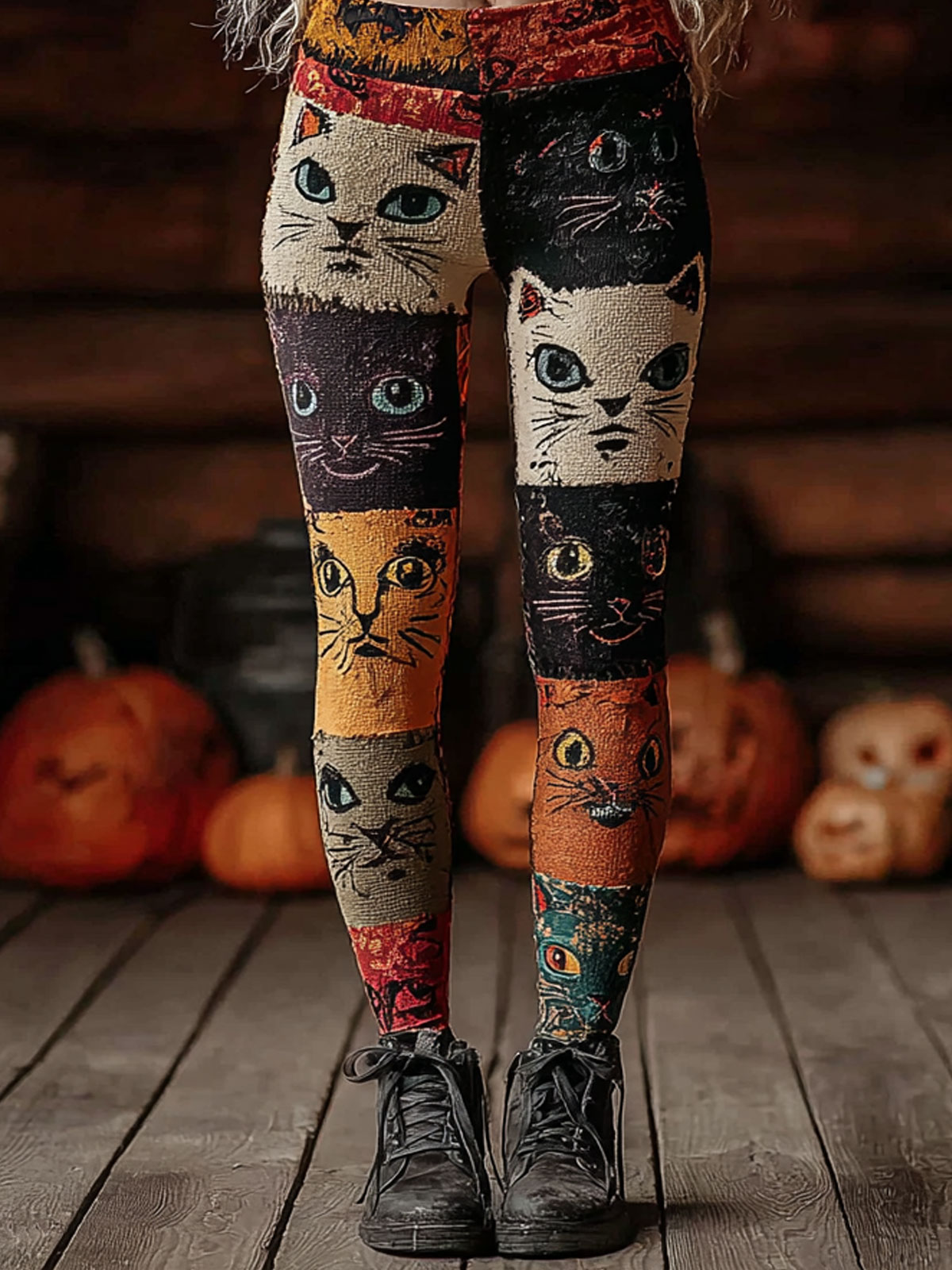 Halloween Cat Face Patchwork Art Print Casual  Leggings