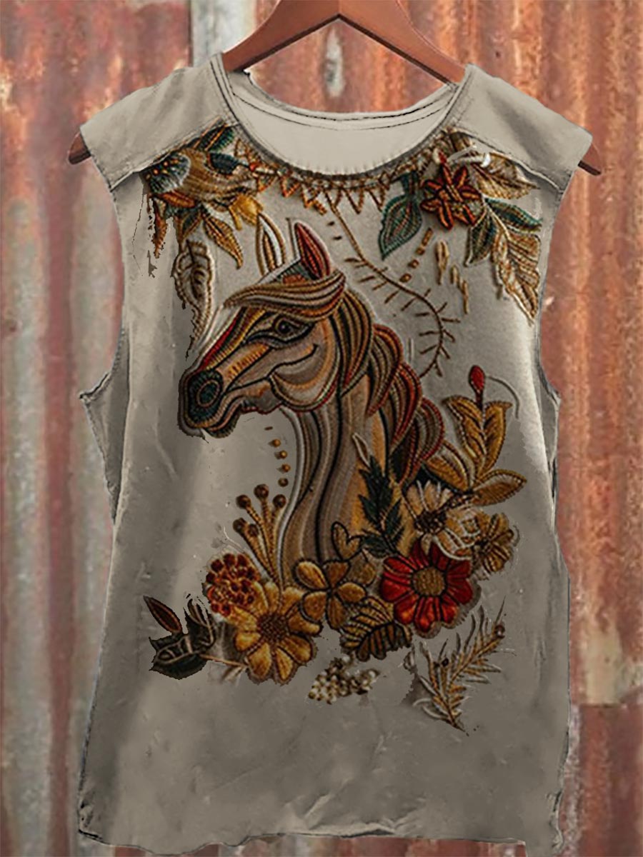 Vintage Print 100% Cotton Casual Tank Top