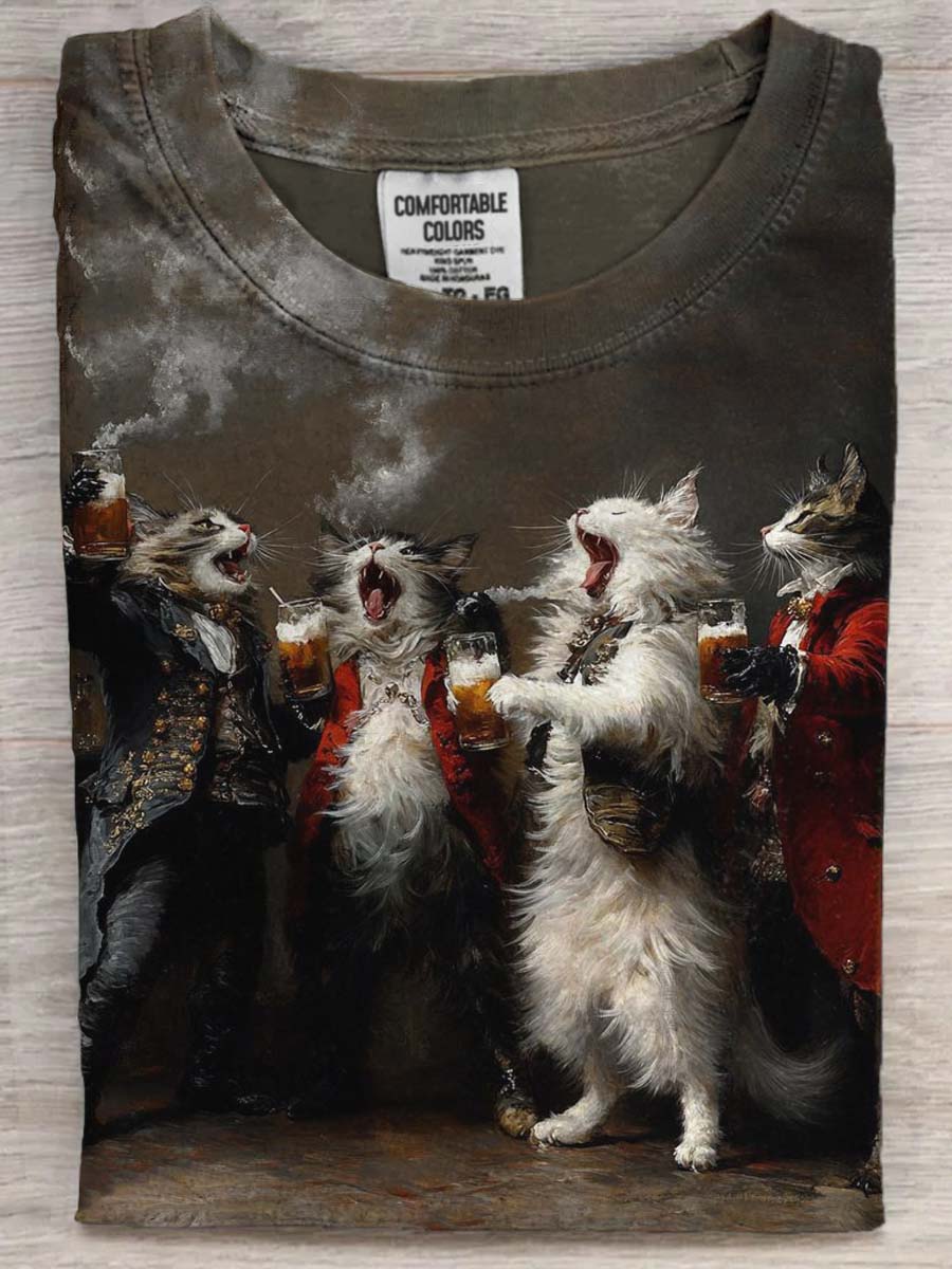 Renaissance Cat Print Casual Short Sleeve T-Shirt