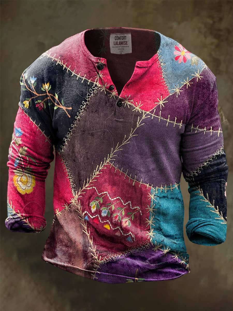 Vintage Quilt Art Print Henley Sweatshirt