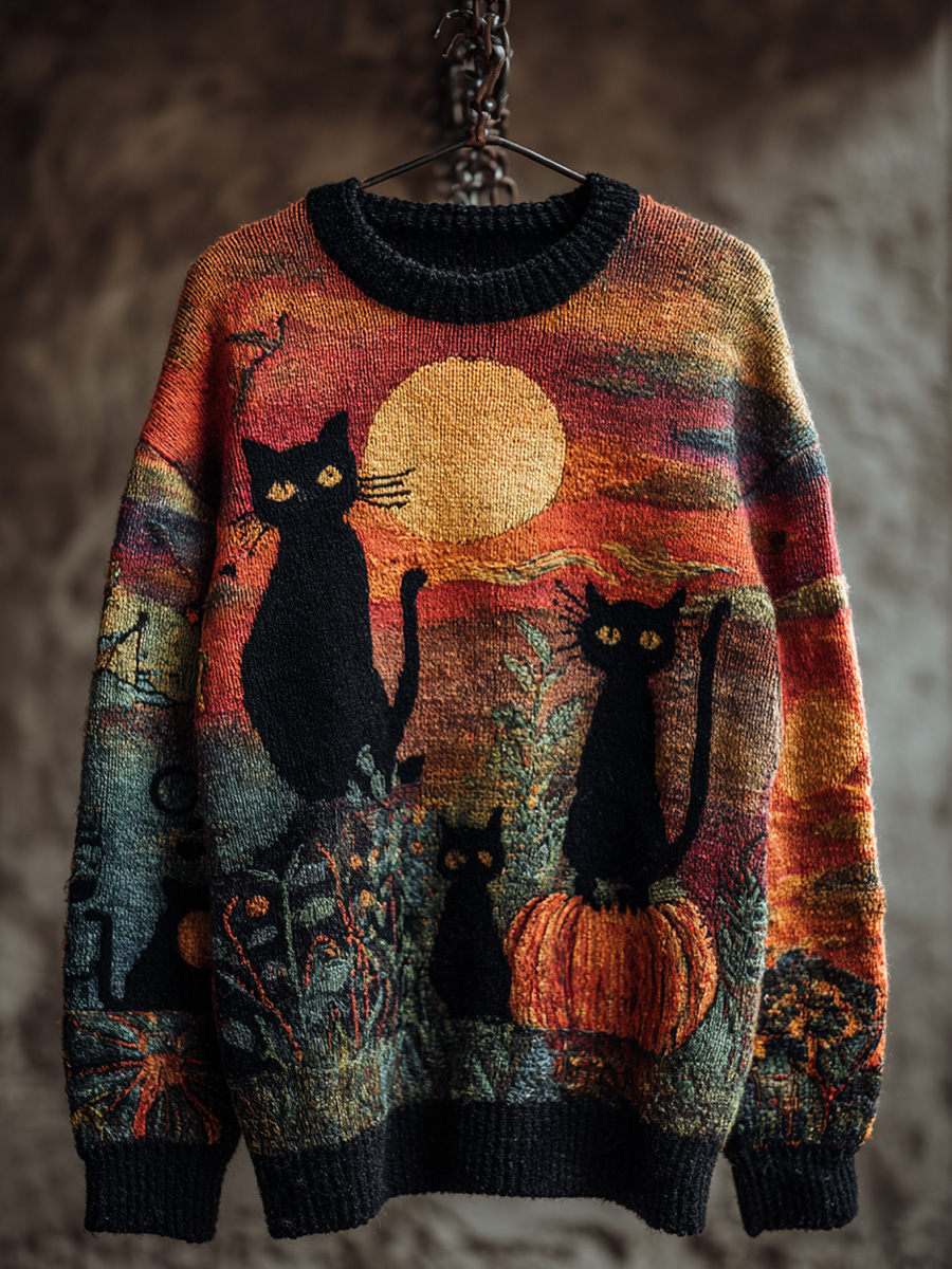 Retro Halloween Pumpkin Black Cat Print Knit Pullover Sweater