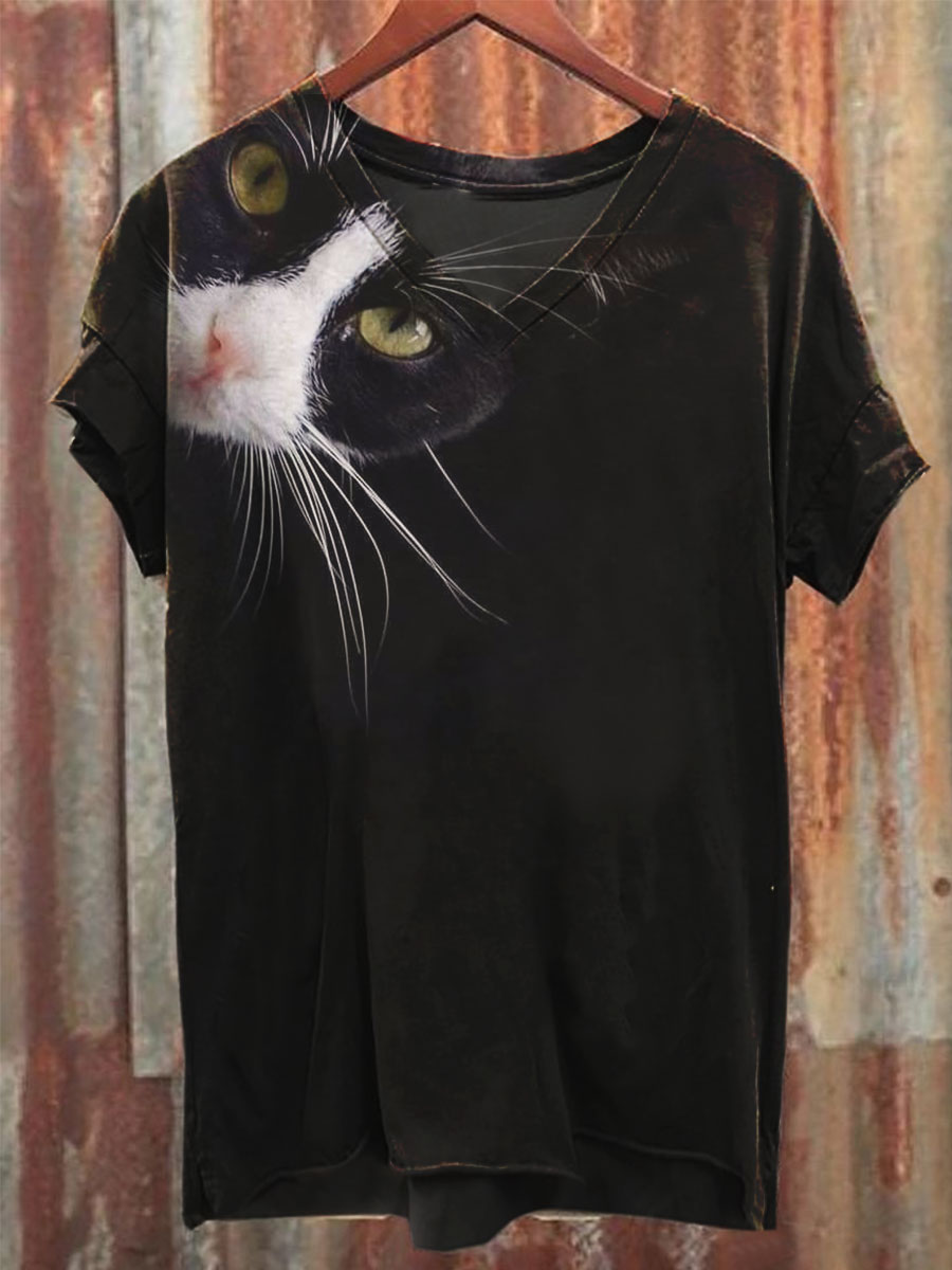 Cat Print V-neck Casual T-Shirt