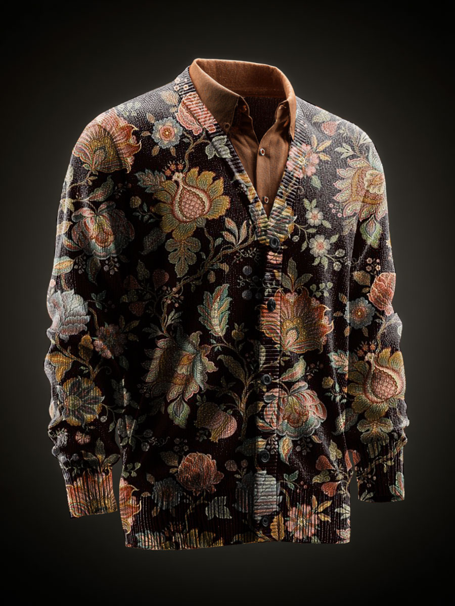 Vintage Flowers Art Printed Casual Cardigan Sweater