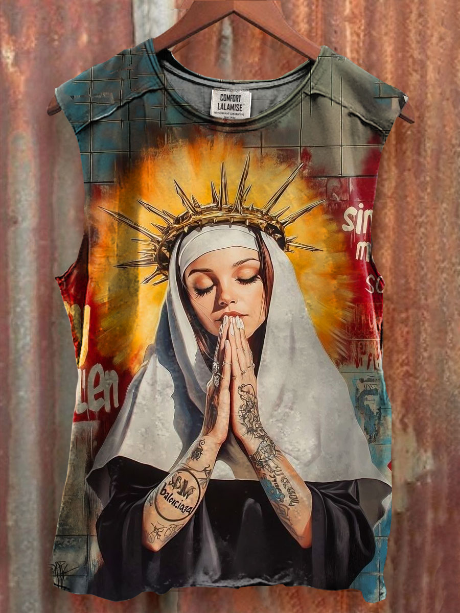 Vintage Modern Unholy Nun Art Print 100% Cotton Casual Tank Top