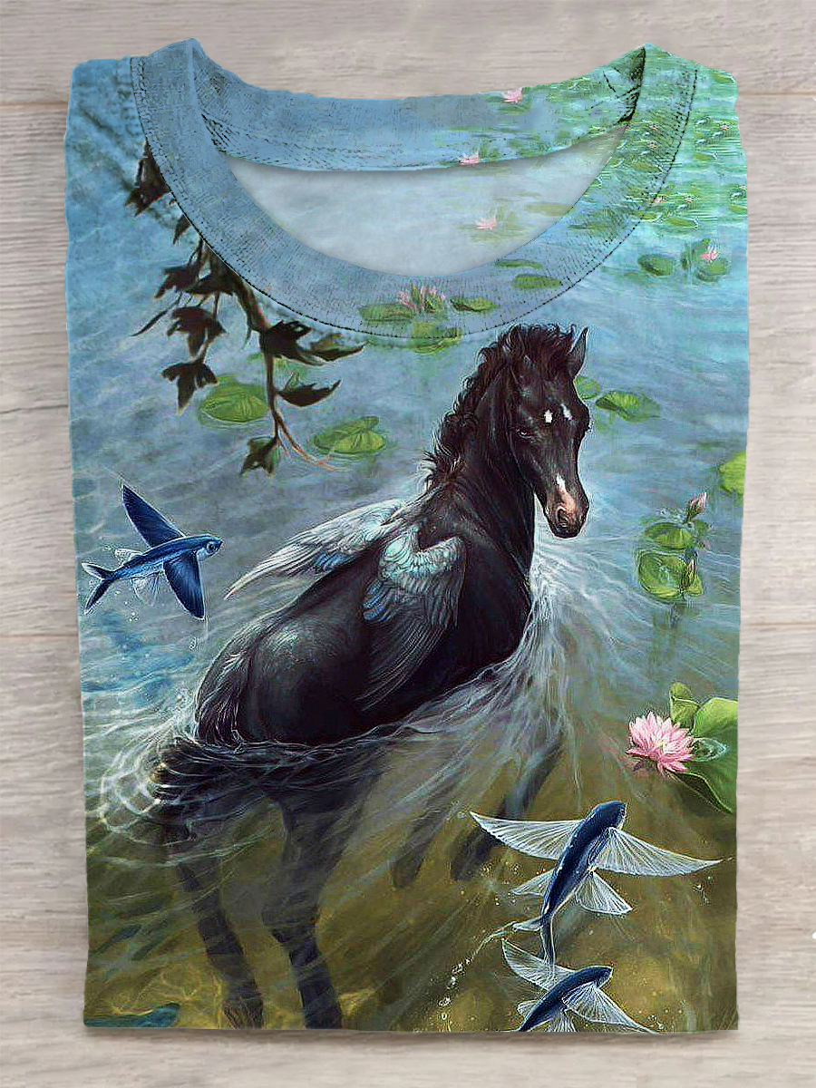 Horse Printed Vintage Fashion Loose Short Sleeve T-Shirt