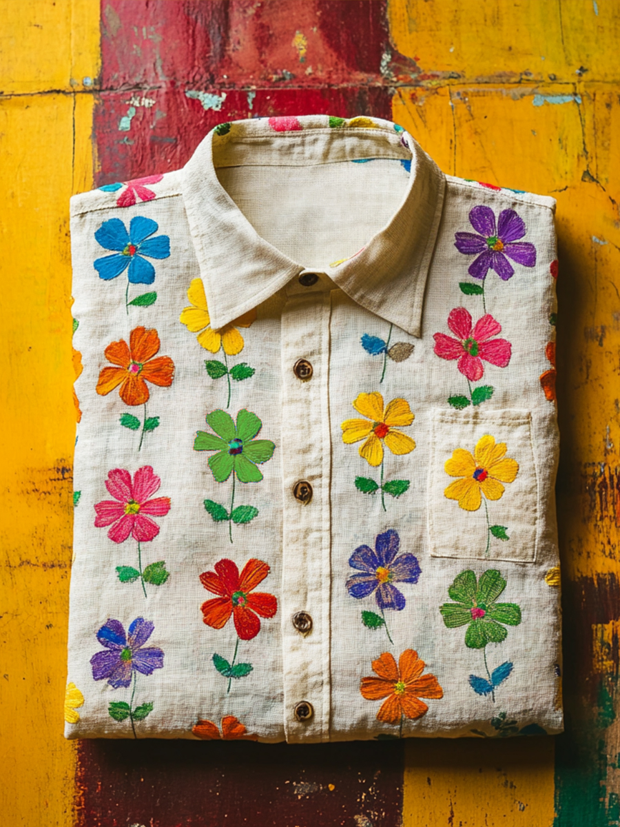 Rainbow Floral Art Print Casual Short Sleeve Button-Down Shirt