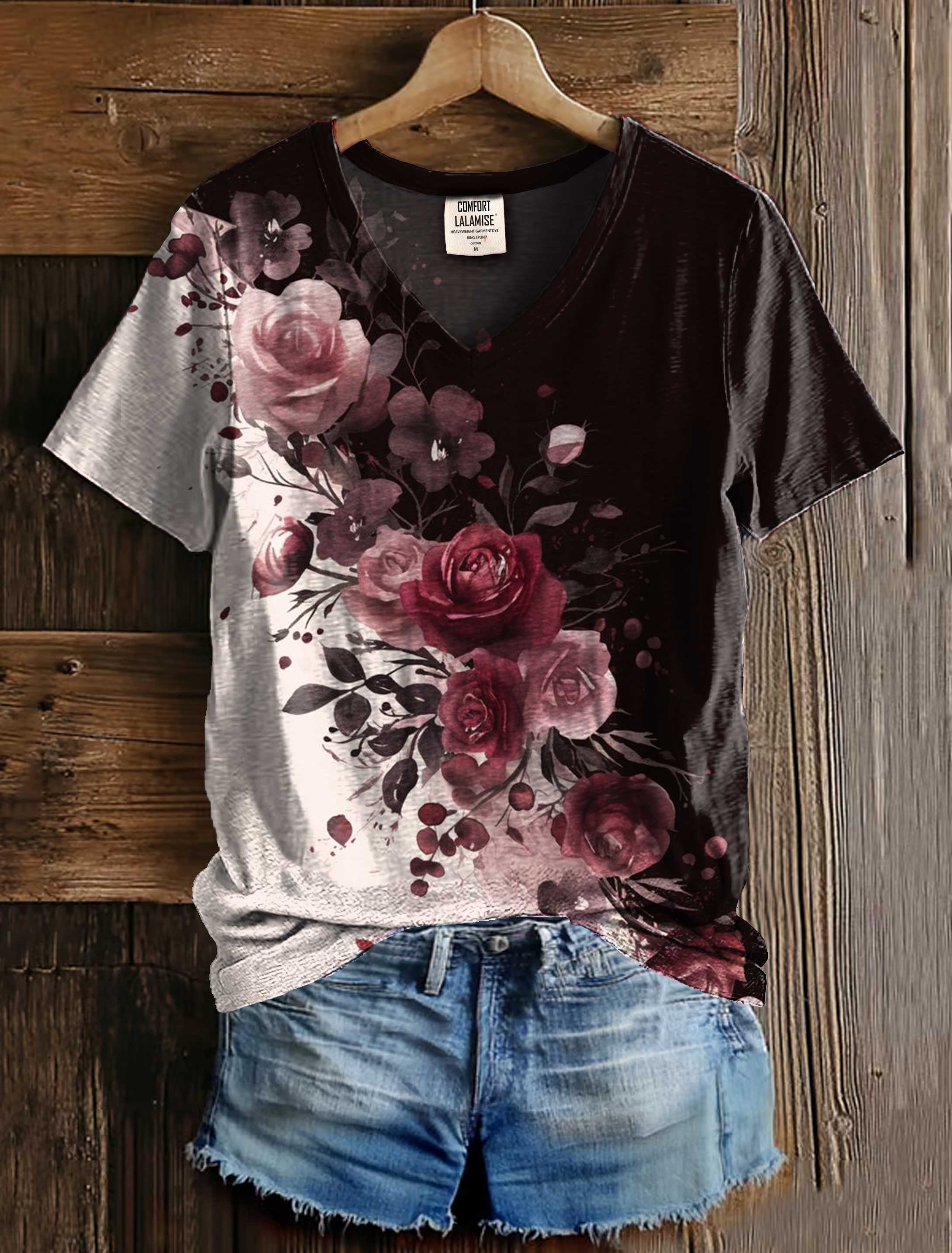 Vintage Flower Art Print V-neck Casual T-Shirt
