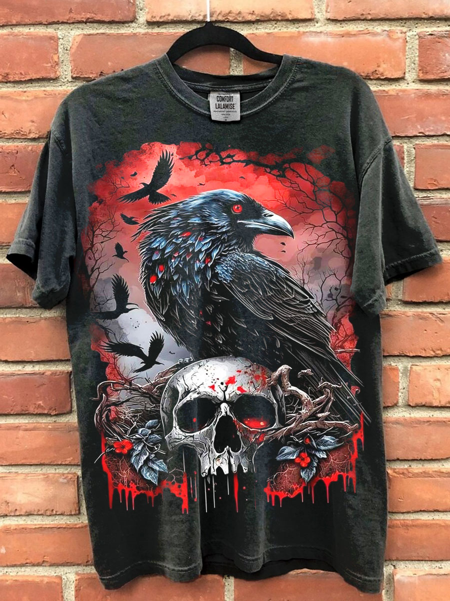 Crow Skull Bone Art Print Casaul Cotton Short Sleeve T-shirt